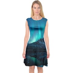 Aurora Borealis Mountain Reflection Capsleeve Midi Dress by B30l