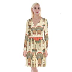 Egyptian Architecture Column Long Sleeve Velvet Front Wrap Dress by Wav3s