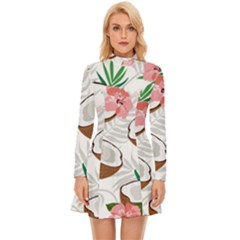 Seamless Pattern Coconut Piece Palm Leaves With Pink Hibiscus Long Sleeve Velour Longline Dress by Vaneshart