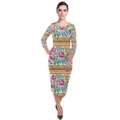 Flower Fabric Design Quarter Sleeve Midi Velour Bodycon Dress by Vaneshop