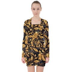 Flower Gold Floral V-neck Bodycon Long Sleeve Dress by Vaneshop