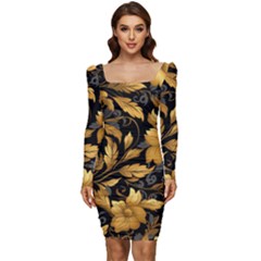 Flower Gold Floral Women Long Sleeve Ruched Stretch Jersey Dress by Vaneshop
