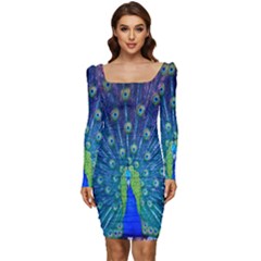 Amazing Peacock Women Long Sleeve Ruched Stretch Jersey Dress by Simbadda