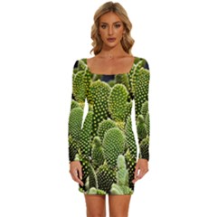 Cactus Flora Flower Nature Floral Long Sleeve Square Neck Bodycon Velvet Dress by Vaneshop