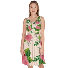 Cute-pink-flowers-with-leaves-pattern Knee Length Skater Dress With Pockets by uniart180623