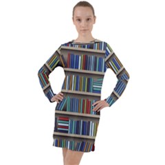 Bookshelf Long Sleeve Hoodie Dress by uniart180623
