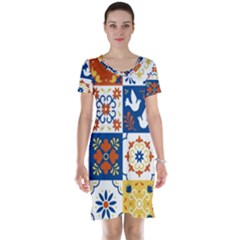 Mexican-talavera-pattern-ceramic-tiles-with-flower-leaves-bird-ornaments-traditional-majolica-style- Short Sleeve Nightdress by uniart180623