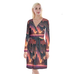 Fire Flame Burn Hot Heat Light Burning Orange Long Sleeve Velvet Front Wrap Dress by uniart180623