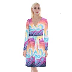 Waves Ocean Sea Tsunami Nautical Long Sleeve Velvet Front Wrap Dress by uniart180623