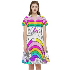 Rainbow Fun Cute Minimal Doodle Drawing Art Short Sleeve Waist Detail Dress by uniart180623