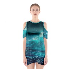 Tsunami Waves Ocean Sea Nautical Nature Water Shoulder Cutout One Piece Dress by uniart180623
