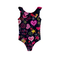 Multicolored Love Hearts Kiss Romantic Pattern Kids  Frill Swimsuit by uniart180623