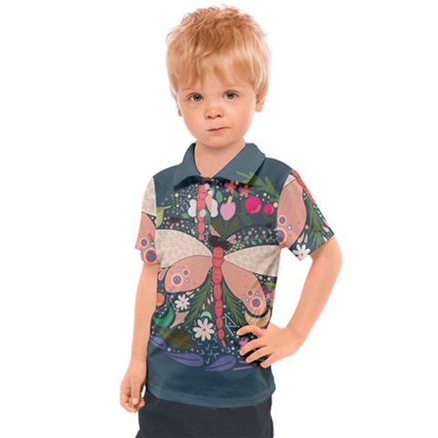 Bug Nature Flower Dragonfly Kids  Polo Tee by Ravend