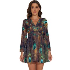 Peacock Feathers Long Sleeve V-neck Chiffon Dress  by Ravend