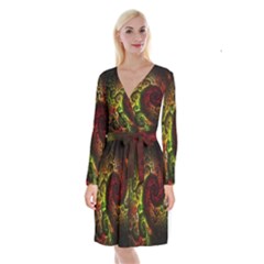 Green And Red Lights Wallpaper Fractal Digital Art Artwork Long Sleeve Velvet Front Wrap Dress by uniart180623