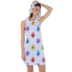 Seamless-pattern-cute-funny-monster-cartoon-isolated-white-background Racer Back Hoodie Dress by Simbadda