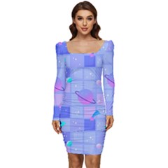 Seamless-pattern-pastel-galaxy-future Women Long Sleeve Ruched Stretch Jersey Dress by Simbadda