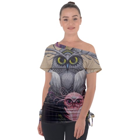 Graffiti Owl Design Off Shoulder Tie-up Tee by Excel
