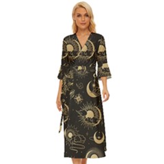 Asian-seamless-pattern-with-clouds-moon-sun-stars-vector-collection-oriental-chinese-japanese-korean Midsummer Wrap Dress by Simbadda