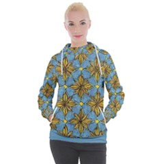 Gold Abstract Flowers Pattern At Blue Background Women s Hooded Pullover by Casemiro