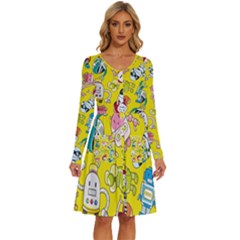 Robot Pattern Long Sleeve Dress With Pocket by Grandong
