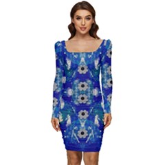 Oilpainting Blue Flowers In The Peaceful Night Women Long Sleeve Ruched Stretch Jersey Dress by pepitasart