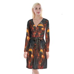 Dragon Art Fire Digital Fantasy Long Sleeve Velvet Front Wrap Dress by Bedest
