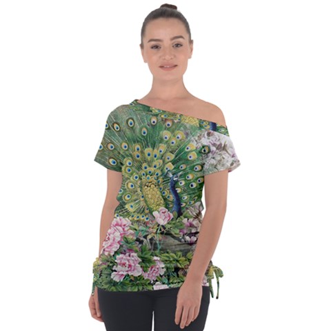Peafowl Peacock Feather-beautiful Off Shoulder Tie-up T-shirt by Cowasu