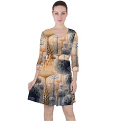 Garden Mushrooms Tree Flower Quarter Sleeve Ruffle Waist Dress by Bangk1t