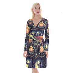 Psychedelic Trippy Abstract 3d Digital Art Long Sleeve Velvet Front Wrap Dress by Bedest