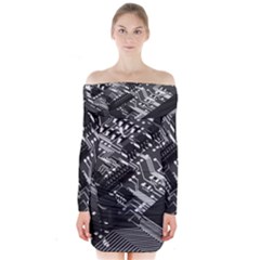 Black And Gray Circuit Board Computer Microchip Digital Art Long Sleeve Off Shoulder Dress by Bedest