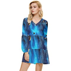 3d Universe Space Star Planet Tiered Long Sleeve Mini Dress by Grandong