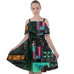 Video Game Pixel Art Cut Out Shoulders Chiffon Dress by Sarkoni