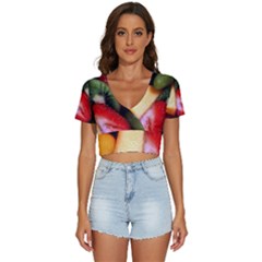 Fruits, Food, Green, Red, Strawberry, Yellow V-neck Crop Top by nateshop