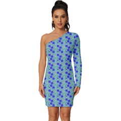 Skyblue Floral Long Sleeve One Shoulder Mini Dress by Sparkle