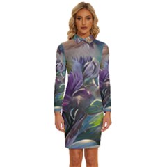Abstract Blossoms  Long Sleeve Shirt Collar Bodycon Dress by Internationalstore