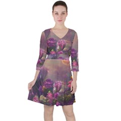 Floral Blossoms  Quarter Sleeve Ruffle Waist Dress by Internationalstore