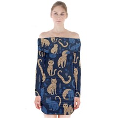 Cat Pattern Animal Long Sleeve Off Shoulder Dress by Pakjumat