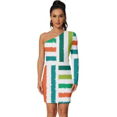 Striped Colorful Pattern Graphic Long Sleeve One Shoulder Mini Dress by Pakjumat