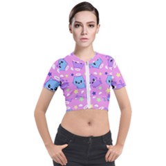 Seamless Pattern With Cute Kawaii Kittens Short Sleeve Cropped Jacket by Grandong