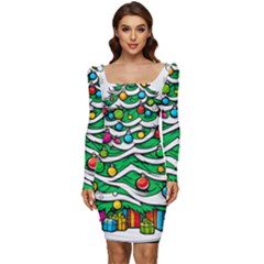 Christmas Tree Women Long Sleeve Ruched Stretch Jersey Dress by Vaneshop