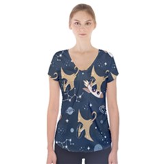 Space Theme Art Pattern Design Wallpaper Short Sleeve Front Detail Top by Vaneshop