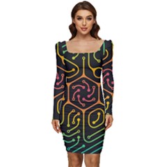 Circuit Hexagonal Geometric Pattern Background Pattern Women Long Sleeve Ruched Stretch Jersey Dress by Vaneshop