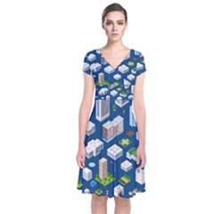 Isometric-seamless-pattern-megapolis Short Sleeve Front Wrap Dress by Amaryn4rt