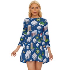 Isometric-seamless-pattern-megapolis Long Sleeve Babydoll Dress by Amaryn4rt
