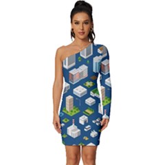 Isometric-seamless-pattern-megapolis Long Sleeve One Shoulder Mini Dress by Amaryn4rt