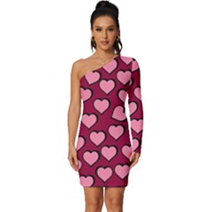 Pattern Pink Abstract Heart Long Sleeve One Shoulder Mini Dress by Pakjumat