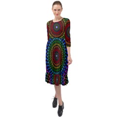 3d Psychedelic Shape Circle Dots Color Ruffle End Midi Chiffon Dress by Modalart