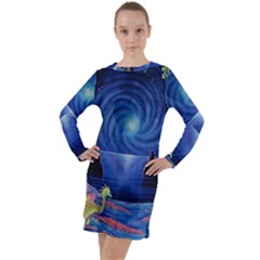 Psychedelic Mushrooms Psicodelia Dream Blue Long Sleeve Hoodie Dress by Modalart