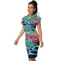 Psychedelic Blacklight Drawing Shapes Art Vintage Frill Sleeve V-Neck Bodycon Dress View2